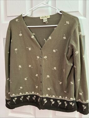 Eddie Bauer L 100% Cotton Button-up cardigan Olive Green Floral Embroidered